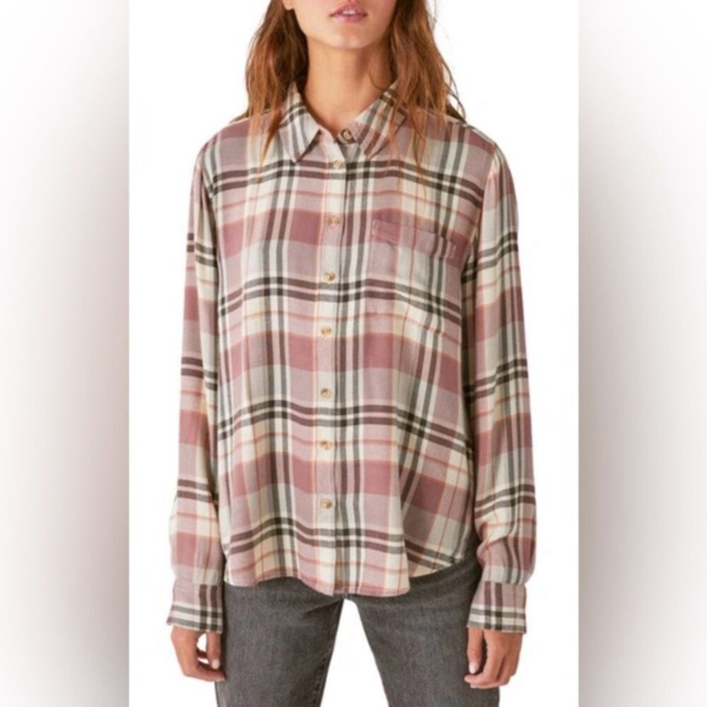 Lucky Brand Women's Plaid Button Up Shirt L Large Mauve Pink Black Cream Viscose